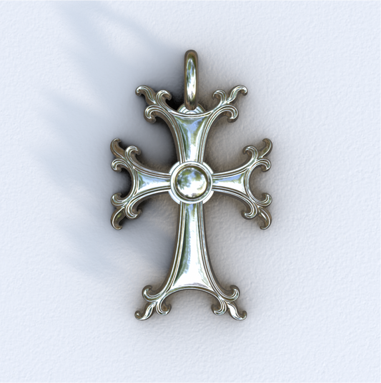 Silver cross pendant on a light gray background