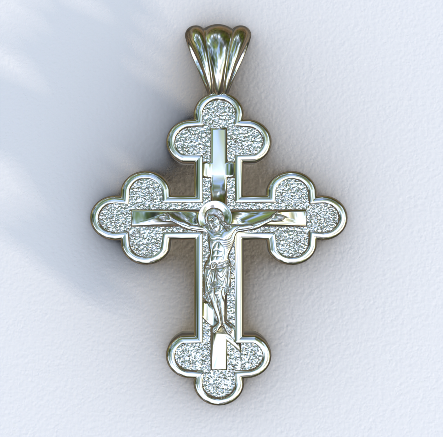 Three Budded Three Bar Orthodox White Crucifix Cross Pendant