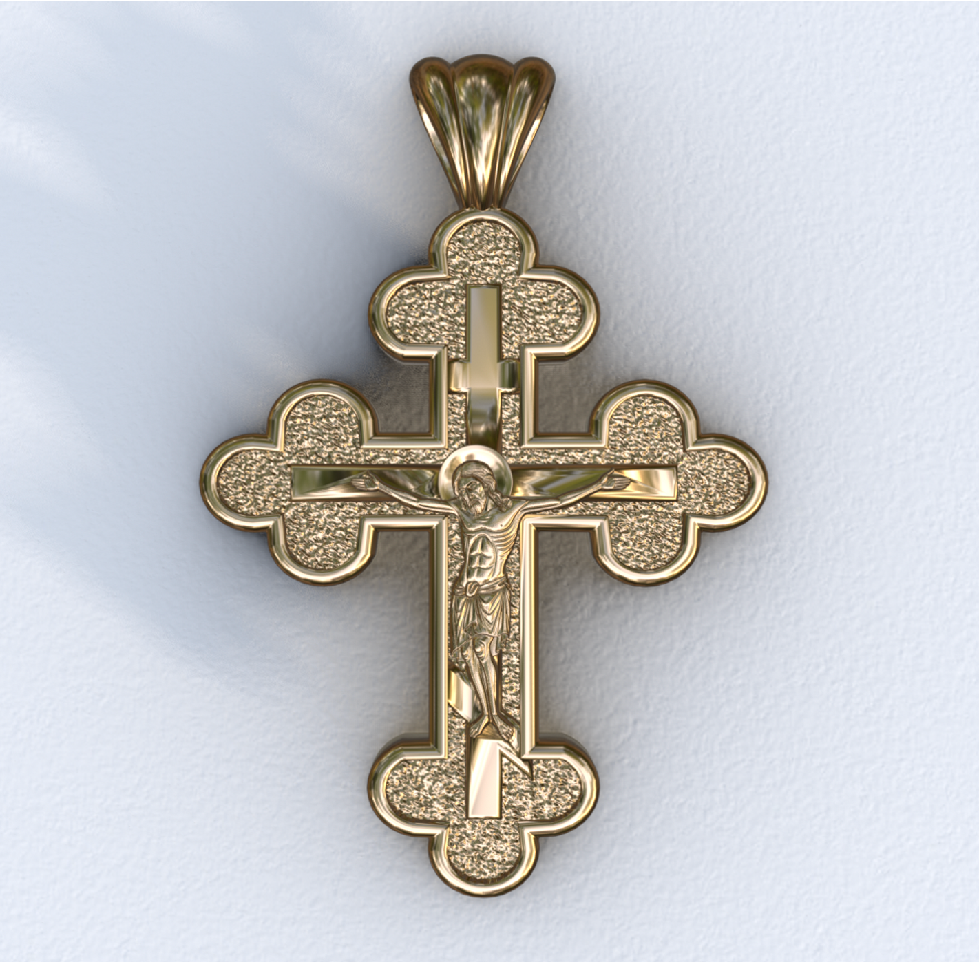 Three Budded Three Bar Orthodox Yellow Crucifix Cross Pendant