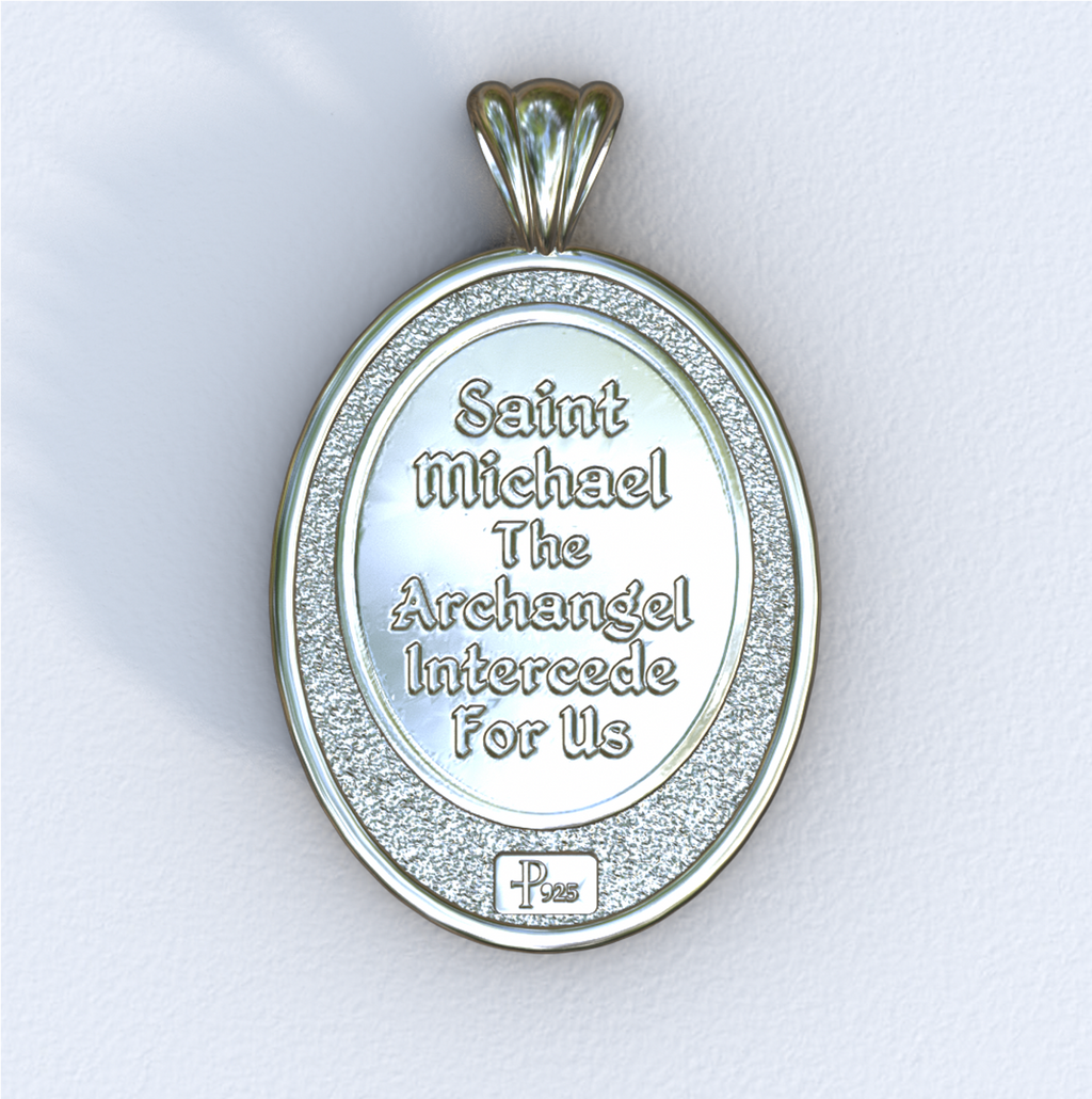 Archangel Michael White Gold Mandorla Pendant (Back)