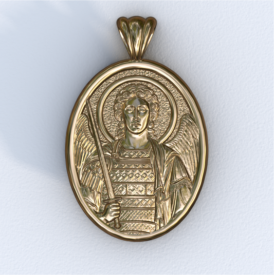 Archangel Michael Yellow Gold Mandorla Pendant
