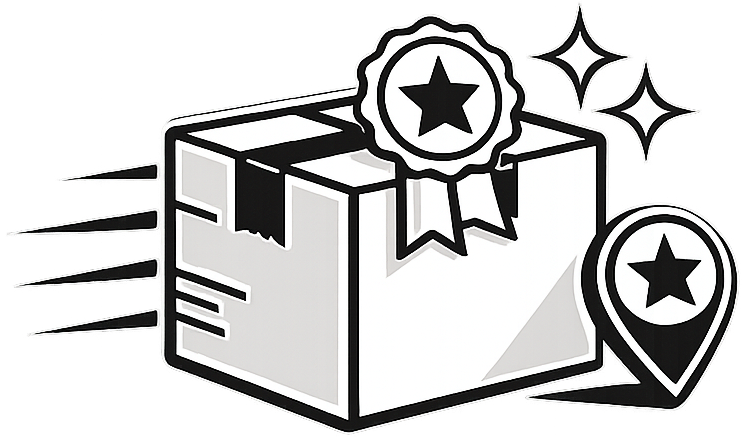 Black and white icon of a package with a star award and location pin on a white background