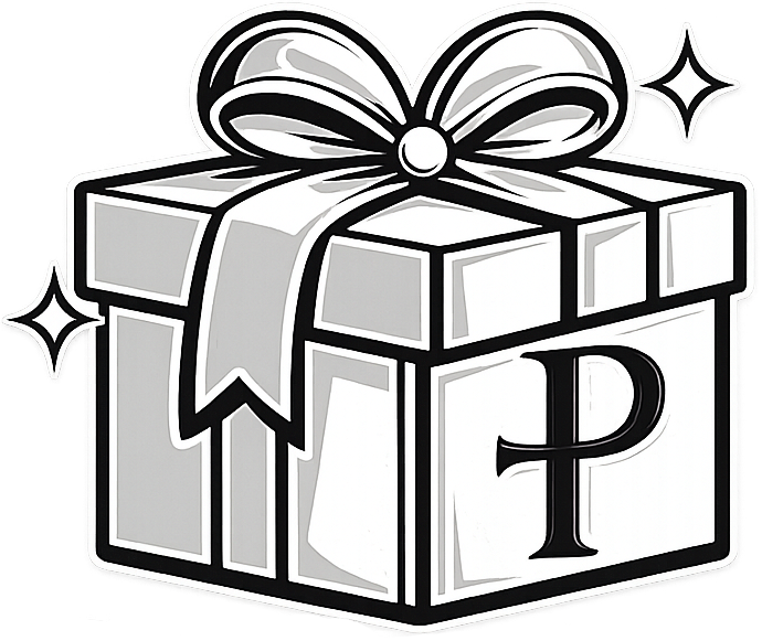 Black and white illustration of a gift box with a bow and a 'P' on a white background