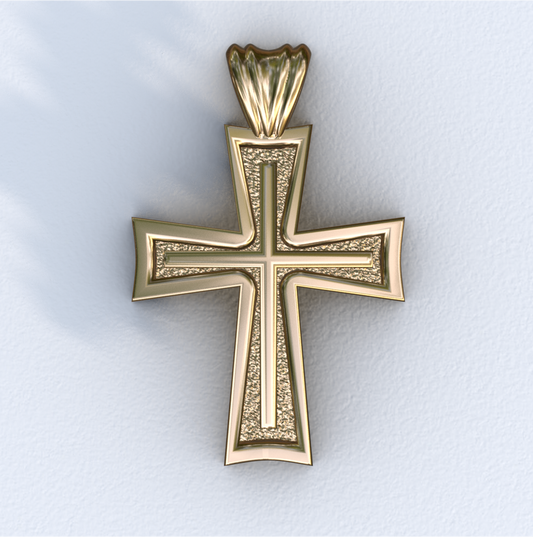 Gold cross pendant on a light gray background