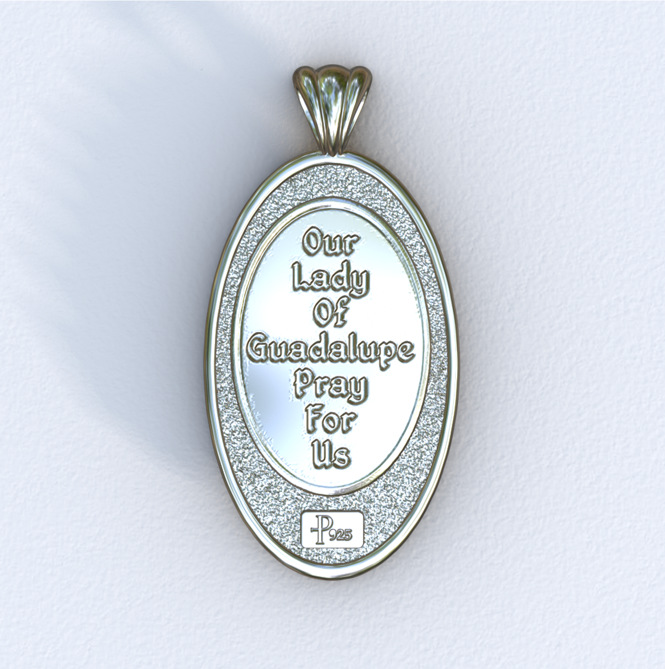 Lady of Guadalupe Silver Mandorla Pendant (Back)