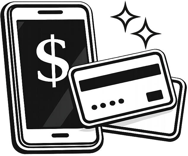 Black and white illustration of a smartphone with a dollar sign and a credit card on a white background