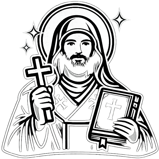 Black and white illustration of a religious figure holding a cross and a book on a white background