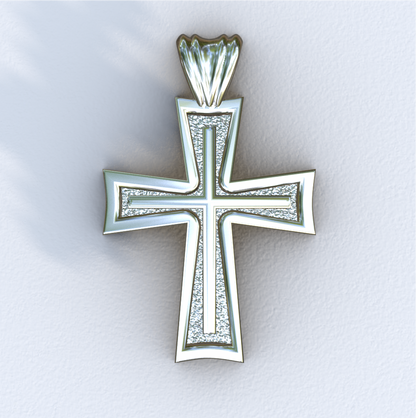 Silver cross pendant on a light gray background