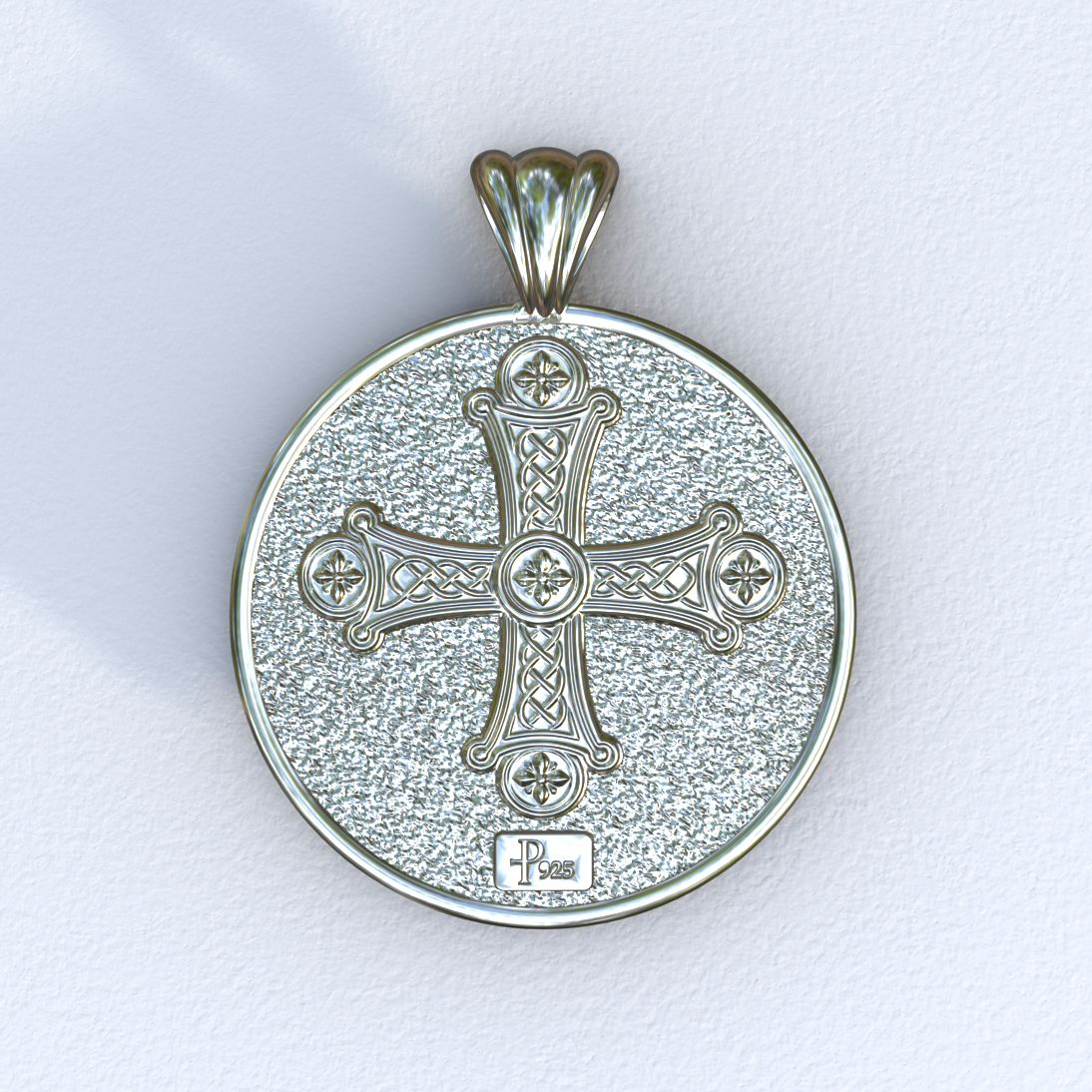 Silver and White Gold Peacock and Cross Pendant (Back)