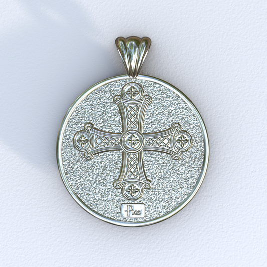 Silver and White Gold Peacock and Cross Pendant (Back)