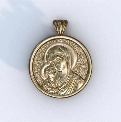 Theotokos of Vladimir Round Yellow Gold Pendant
