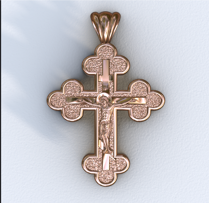 Three Budded Three Bar Orthodox Rose Crucifix Cross Pendant