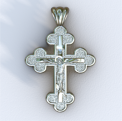 Three Budded Three Bar Orthodox White Crucifix Cross Pendant