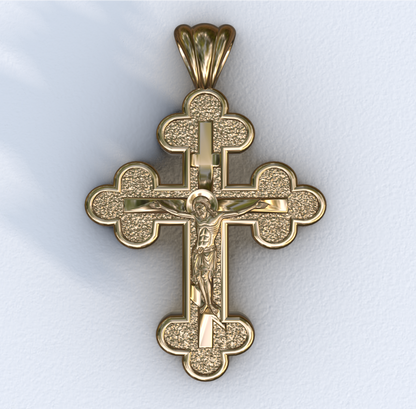 Three Budded Three Bar Orthodox Yellow Crucifix Cross Pendant