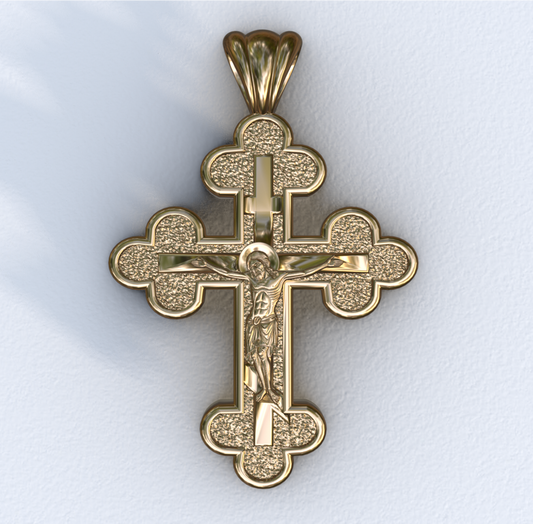 Three Budded Three Bar Orthodox Yellow Crucifix Cross Pendant