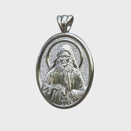 Video - Silver or White Gold Saint Joseph the Hesychast Icon Oval Pendant